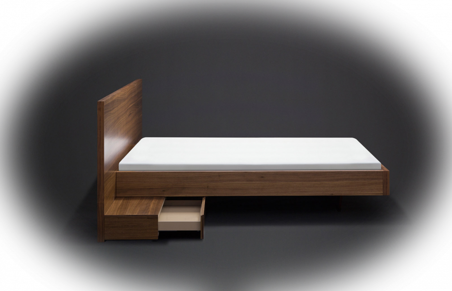 MOBILAMO Maßmöbel Bett mit Nachtablagen Schwarznuss Echtholz furniert mit Matratze Seitenansicht groß